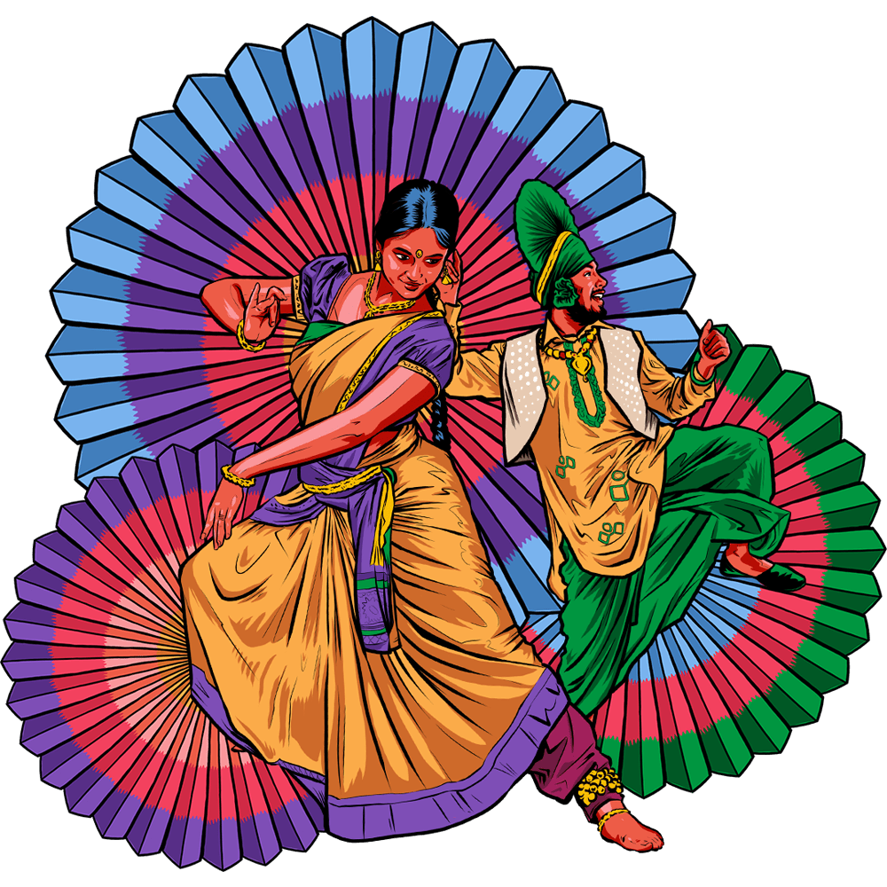 Illustration of south eastern man and woman in traditional dress, with big colourful fans in the backdrop